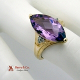 Dazzling Long Amethyst Checkerboard Cut Ring Diamond Accents 14 K Gold