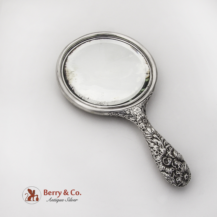 Repousse Floral Hand Mirror Gorham Sterling Silver 1896 Monogram