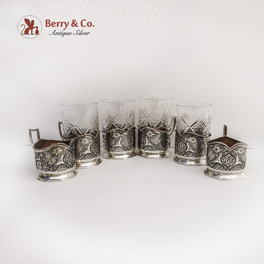 Persian Tea Glass Holders Podstakannik Set of 6 84 Standard Silver eBay