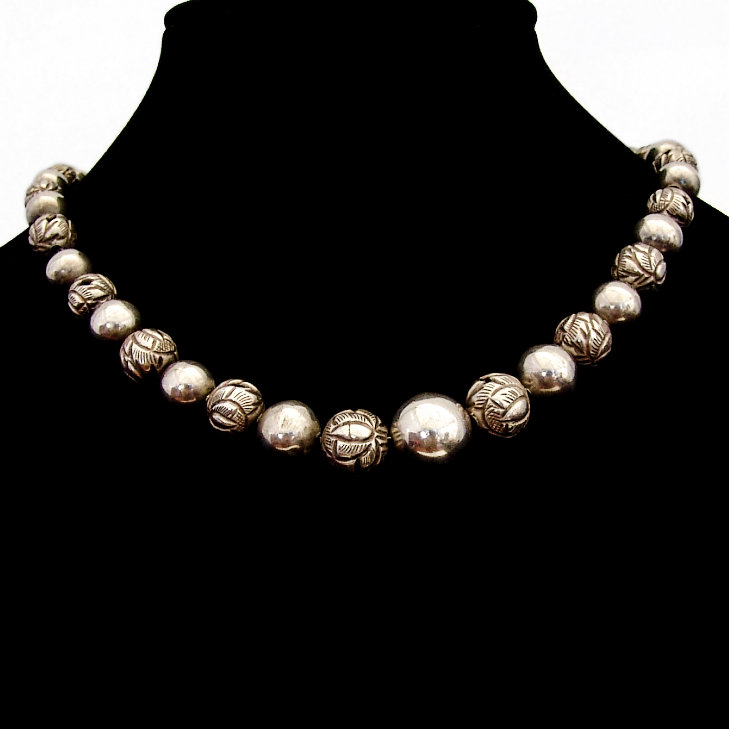 Chinese Engraved Floral Graduated Bead Necklace Sterling Silver eBay