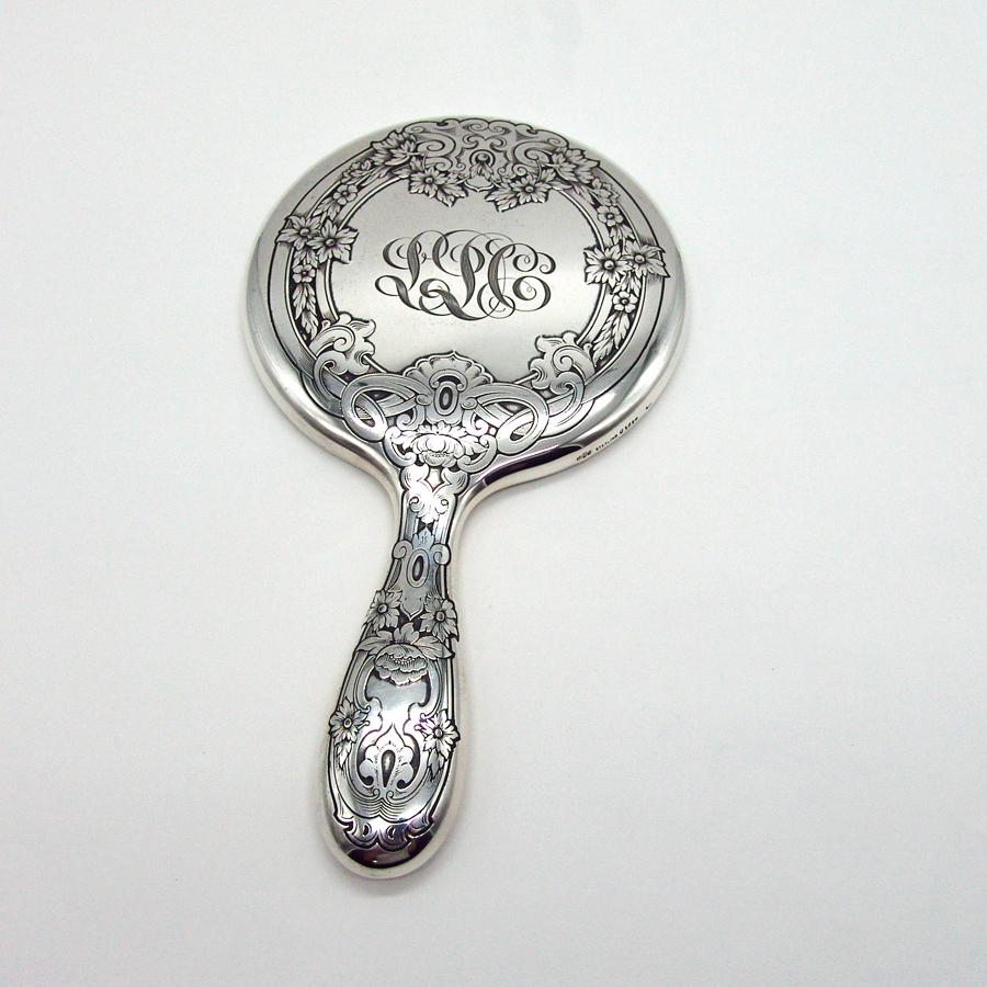 Hand Mirror Acid Etched Design Gorham Sterling Silver 1911 Mono